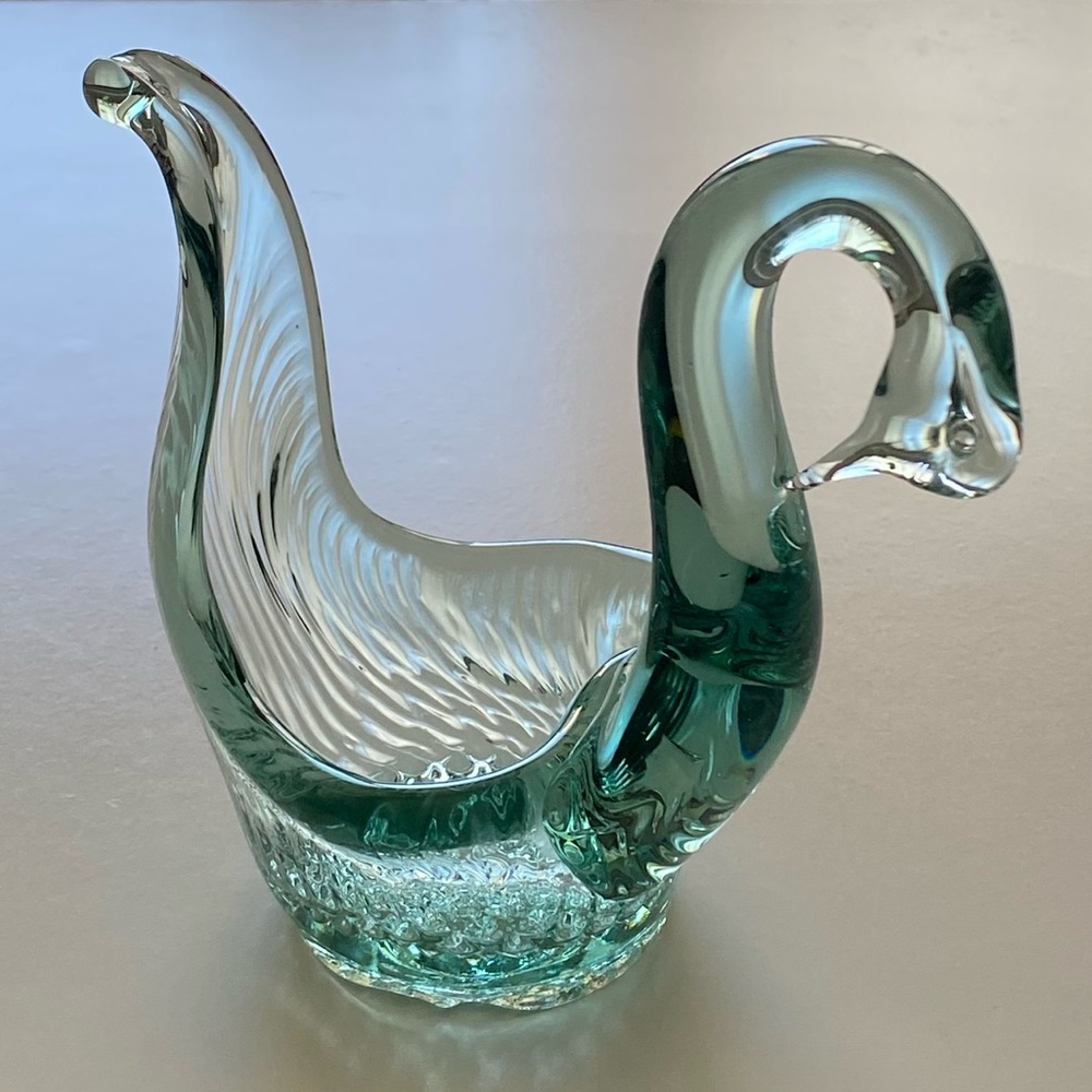Vintage Candle Holder or Trinket Dish Art Glass Blue Green Swan 6.5" Tall